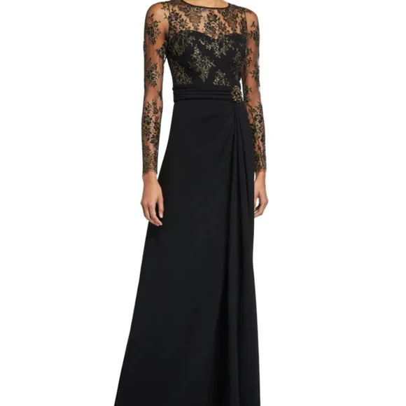 Theia | Dresses | Authentic 498 Theia Long Sleeves Illusion Neckline Gown |  Poshmark